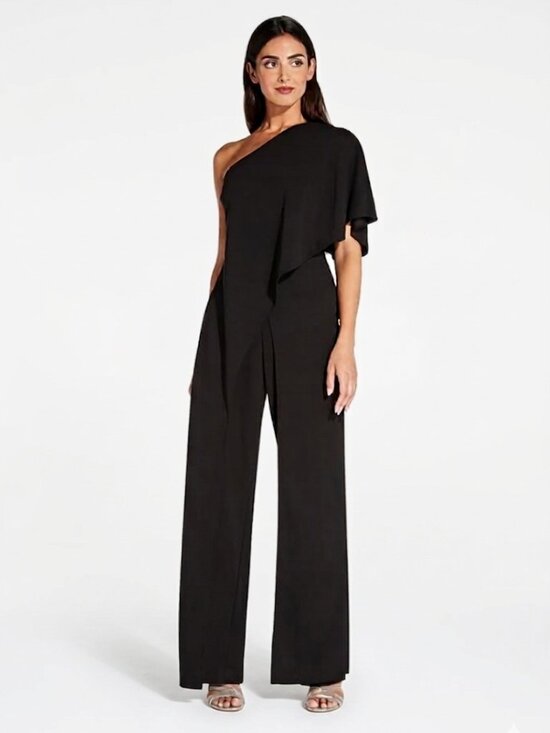 Adrianna Papell Pants - NWT Adrianna Papell Black Melania One Shoulder Crepe Jumpsuit Size 4P 4 Petite